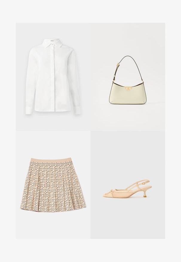 Cămașă albă cu mâneci lungi, fabricată din bumbac neted, prezentând un guler ascuțit, o deschidere centrală cu nasturi și un tiv drept, cu manșete cu nasturi.; Fustă plisată dintr-un material bej cu un model negru repetitiv. Dispune de un elastic moale în talie și are un design ușor evazat.; Stuart Weitzman KITTY - Pantofi clasici cu toc - beige/barely beige; Geantă din piele de culoare crem, cu o formă curbată. Dispune de un accent cu logo aurit și o curea subțire, ajustabilă, de culoare închisă.