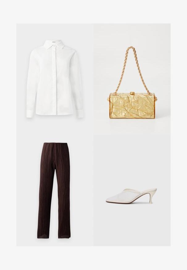 Chemise blanche à manches longues en coton lisse, avec un col pointu, un plastron central à boutons et un ourlet droit avec des poignets boutonnés.; Pantalons marron à large jambe avec une texture plissée, taille haute et design fluide. Fabriqués en tissu léger. Aucun fermoir visible.; Mule blanches en mesh avec un bout pointu, un talon moyen élancé et un design à enfiler, sur un fond uni.; Sac à main en or avec une texture froissée, de forme rectangulaire, doté d'une chaîne en bandoulière et d'une fermeture à clapet sur le dessus. Fini lisse et brillant.