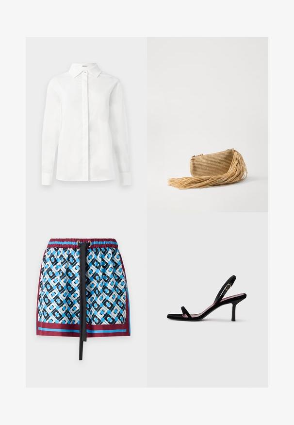Witte lange mouwen overhemd van zachte katoen, met een puntige kraag, centrale knoopsluiting en rechte zoom met geknoopte manchetten.; Korte rok met een blauw en zwart geometrisch patroon, elastische tailleband met trekkoord en bordeauxrode afwerking langs de onderkant.; Zwarte suede dames hooggehakte sandaal met smalle bandjes en een gouden gesp op een witte achtergrond, zijaanzicht.; Cult Gaia VIERA - Clutch - natural