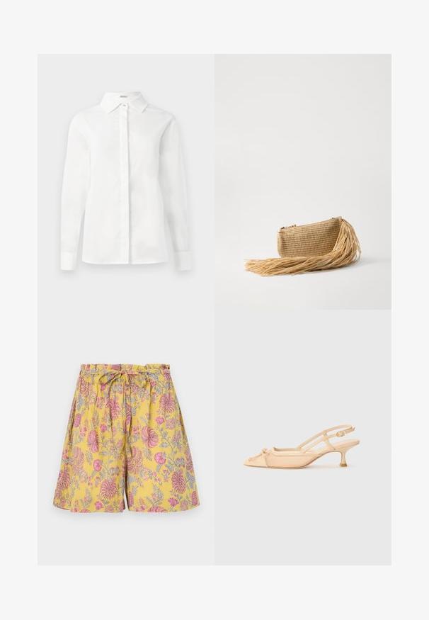 Valge pikkade käistega särk, mis on valmistatud siledast puuvillast, millel on terav krae, keskmine nööbiplokk ja sirge serv nööpidega mansettidega.; Lillelillelise mustriga lühikesed püksid kollases värvitoonis, roosa ja halli disainiga, elastse vöökohtaga ja nööri sidumisega, lõdva ja mugava lõikega.; Stuart Weitzman KITTY - Klassikalised kontsakingad - beige/barely beige; Cult Gaia VIERA - Väike käekott - natural
