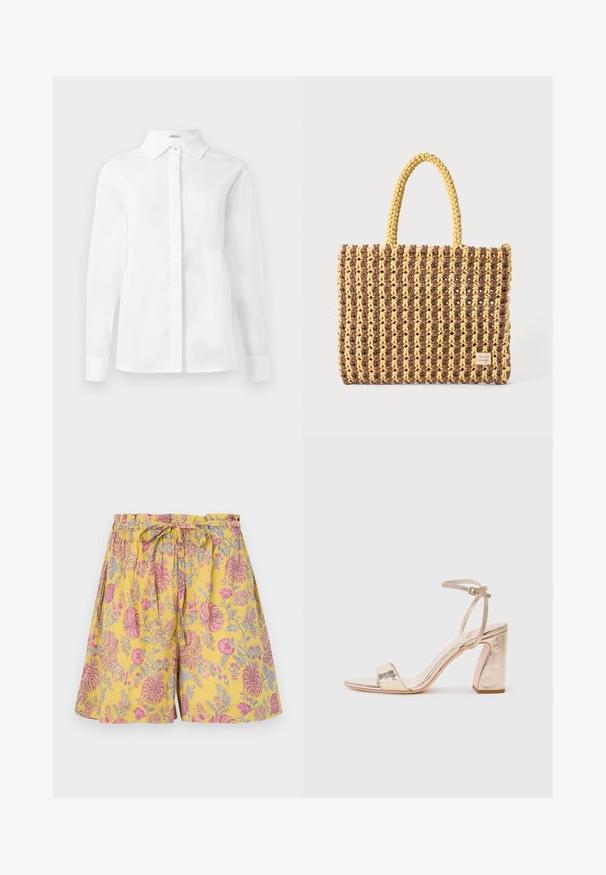 Valkoinen pitkähihaiseksi paita, joka on valmistettu sileästä puuvillasta. Paita sisältää terävän kauluksen, keskitetyn nappilistauksen ja suoran helman nappihaaroilla.; Shortsit kukkakuvioisissa keltaisissa, joissa on vaaleanpunaisia ja harmaita kuvioita, joustava vyötärönauha, joka on solmittavissa, ja löysä, rento istuvuus.; Kultainen metallinen korkokenkä, jossa on leveä nauha varpaiden päällä, säädettävä nilkkahihna ja teksturoitu tukev heel.; Kudotasku ruskeana ja keltaisena, jossa on suorakulmainen muoto, kaksi kantohihnaa ja teksturoitu pinta, jossa näkyvät ompeleet ja brändilappu.