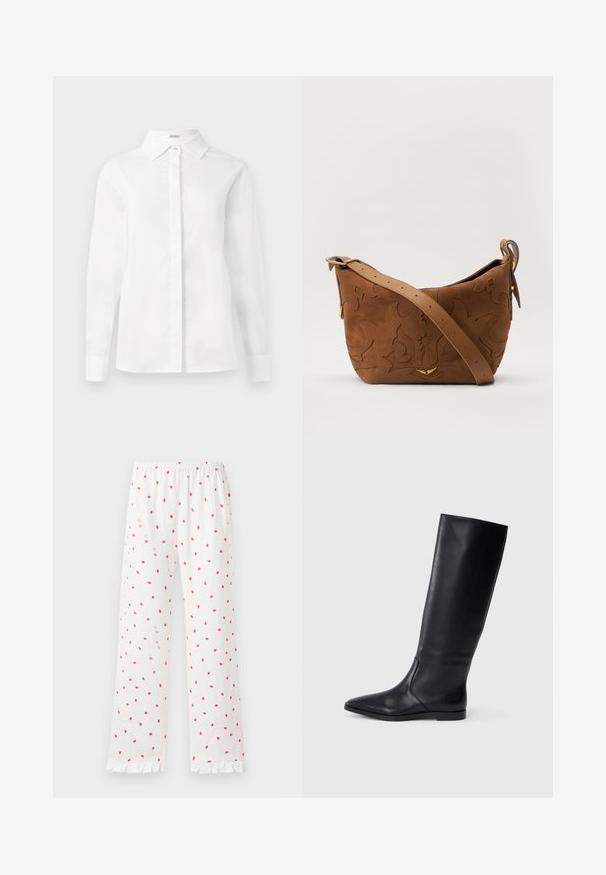 Valkoinen pitkähihaiseksi paita, joka on valmistettu sileästä puuvillasta. Paita sisältää terävän kauluksen, keskitetyn nappilistauksen ja suoran helman nappihaaroilla.; Valkoiset löysät pyjamahousut, joissa on punaisia mansikkaprinttejä, joustava vyötärö ja frillireunat. Kevyt kangas ja suorat lahkeet.; Mustat nahkaiset polvipituiset saappaat, joissa on terävä kärki ja minimaalinen muotoilu. Sujuva pinta ja tasapohja, joissa on huomaamattomat sivusaumadetailit.; Ruskea mokkasiiniolkalaukku, jossa on kohokuvioitu kukkakuvio, jota täydentävät sileä ruskea nahkaremmi ja kultasävyiset yksityiskohdat.
