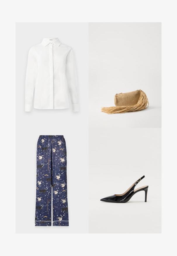 Balta ilgomis rankovėmis marškiniai, pagaminti iš lygaus medvilnės, su smailiu apykaklės dizainu, centriniais užsegamais mygtukais ir tiesiu apatinio krašto bei mygtukais užsegamomis rankovėmis.; Tamsiai mėlynos pižamų kelnės su elastine juosta, puoštos žaismingu vienaragių, žvaigždynų ir dangaus elementų raštu spalvingomis spalvomis.; Juodas lakinės odos slingback batelis su smailiu nosiu, plonu kulnu ir subtiliu išpjovos dizainu. Yra auksinė sagtis ant dirželio.; Cult Gaia VIERA - Delninukė - natural