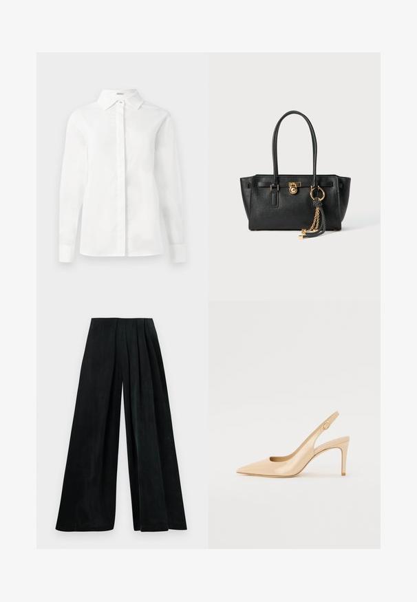 Weißes Langarmhemd aus glattem Baumwollstoff, mit spitzem Kragen, zentraler Knopfleiste und gerade geschnittenem Saum mit geknöpften Manschetten.; Weite Hose aus dunkelgrünem Stoff mit Falten an der Taille. Glatte Textur und fließende Silhouette. Keine sichtbaren Beschläge oder Muster.; Nude patentleder Slingback-Absatzschuh mit spitzer Zehenpartie, offenem Vorderblatt und dünnem Stiletto-Absatz. Verfügt über ein kreisförmiges goldfarbenes Akzent auf dem Riemen.; Schwarze Lederhandtasche mit doppelten Griffen, goldfarbener Verschluss- und Kettendetails sowie einem schwarz-weißen Quastenaccessoire vor weißem Hintergrund.