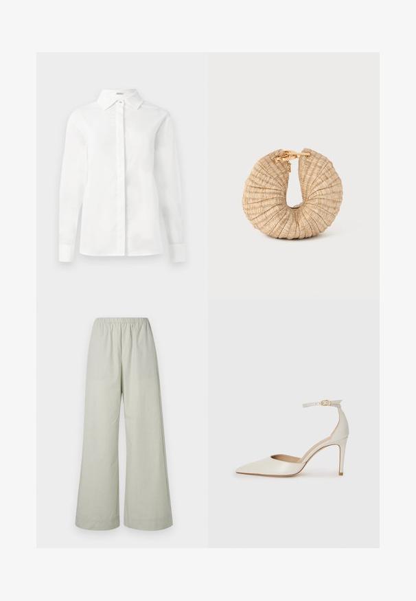 Witte lange mouwen overhemd van zachte katoen, met een puntige kraag, centrale knoopsluiting en rechte zoom met geknoopte manchetten.; Lichtgroene wijde broek met elastische tailleband, gemaakt van gladde stof met een subtiel textuurpatroon. Zonder zakken of metalen details.; Witte leren hoge hak schoen met een spitse neus, enkelbandje en een slanke stiletto hiel. Gladde textuur met een subtiele glanzende afwerking.; Cult Gaia UBAH - Clutch - wheat