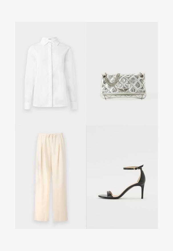 Fehér, hosszú ujjú ing, sima pamutból készült, hegyes gallérral, középső gombolással és egyenes szabású aljával, gombos mandzsettával.; Beige színű, pliszírozott nadrág, rugalmas derékkal és állítható húzózsinórral. Könnyű anyag és széles, egyenes lábujj kialakítás.; Fekete bőr magassarkú szandál bokapánttal. Simább textúrájú, nyitott orrú és vékony sarkú. Arany színű csat részlet.; Ezüst színű fémes kézitáska lánckarral, steppelt textúrával, díszített varrással és cipzáros záródással. A fonákján domború részletek találhatók.