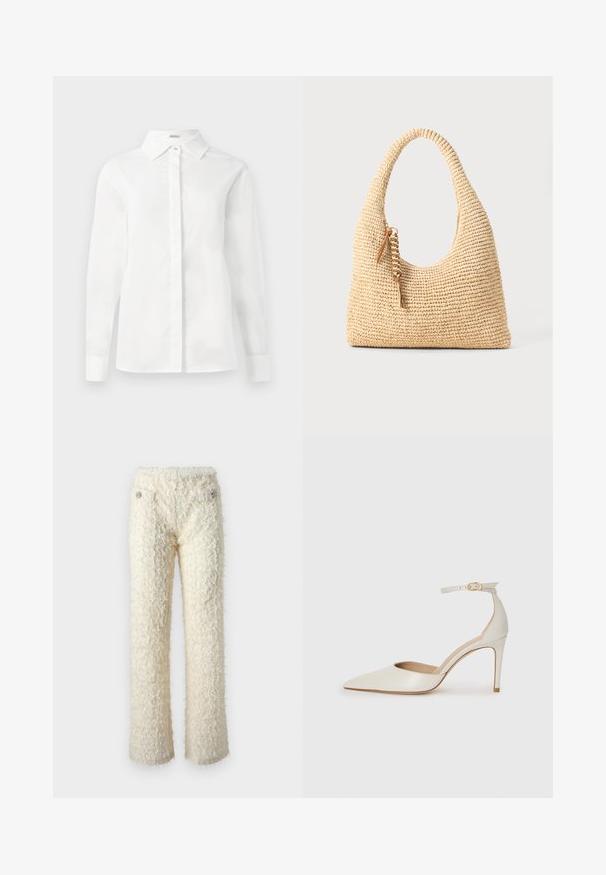 Camisa branca de manga longa feita de algodão macio, com colarinho pontudo, botões centrais e bainha reta com punhos abotoados.; Calças felpudas de cor branco sujo com uma textura suave, pernas retas e detalhes decorativos em botão prateado nos bolsos da frente.; Sapato de salto alto em pele branca com biqueira pontiaguda, faixa no tornozelo e um salto fino de stiletto. Textura suave com um leve acabamento brilhante.; Bolsa bege trançada com uma alça curva, superfície texturizada e detalhe de franjas castanhas. Apresenta um formato descontraído e estilo hobo.