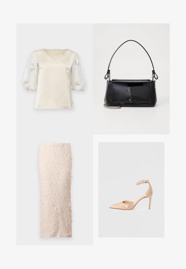 Ida Sjöstedt EXCLUSIVE RHIANNON  - Bluză - ivory; Fustă creion crem din dantelă cu aplicații florale. Designul este ajustat, având o textură netedă și embellismente detaliate.; Pantof nude din piele lacuită, cu vârf ascuțit, curea la gleznă și toc stiletto, având o textură netedă și un design minimalist.; Geantă din piele patent neagră, cu o formă rectangulară, mânere din lanț și un accent distinctiv din metal în centru. Textură netedă.