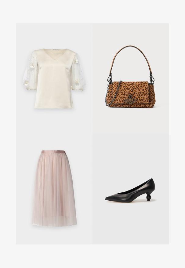 Ida Sjöstedt EXCLUSIVE RHIANNON - Blouse - ivory; Ida Sjöstedt FLAWLESS SKIRT - Jupe trapèze - pastel mink; Chaussure à talon haut en cuir noir avec un bout pointu et un talon arrondi. Texture lisse avec un design épuré et minimal.; Sac à main en cuir suédé à motifs léopard, avec une courte poignée, une bandoulière en chaîne et un fermoir en métal noir. Forme rectangulaire avec une fermeture à rabat.