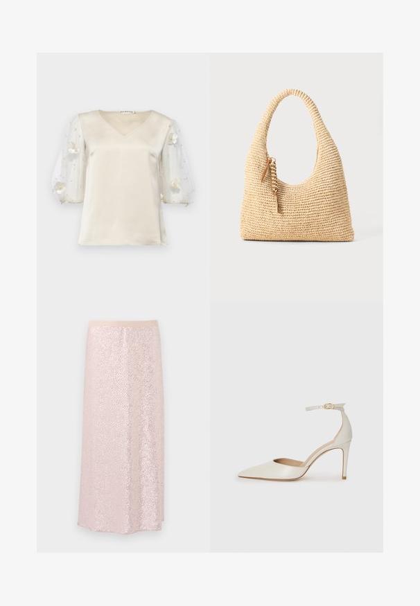 Ida Sjöstedt EXCLUSIVE RHIANNON - Blouse - ivory; Roze paillettenrok met een gladde tailleband, met een gestructureerd oppervlak en een A-lijn ontwerp tot op de knie. Reflecterende pailletten creëren een glinsterend effect.; Witte leren hoge hak schoen met een spitse neus, enkelbandje en een slanke stiletto hiel. Gladde textuur met een subtiele glanzende afwerking.; Geweven beige handtas met een gebogen handvat, textuur oppervlak en een bruine kwastdetail. Heeft een slonzige, hobo-vorm.
