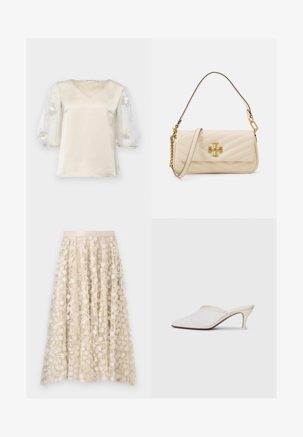 Ida Sjöstedt EXCLUSIVE RHIANNON - Blouse - ivory; Broderie florale sur une jupe transparente de couleur crème avec une ceinture en satin. Le motif présente de petites fleurs délicates et des feuilles.; Mule blanches en mesh avec un bout pointu, un talon moyen élancé et un design à enfiler, sur un fond uni.; Sac en crème matelassé avec un accent logo doré, doté d'une anse en chaîne et cuir. Design structuré et texture lisse avec couture en diagonale.