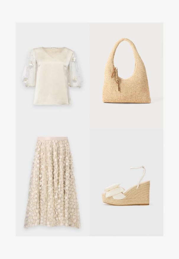 Ida Sjöstedt EXCLUSIVE RHIANNON  - Bluse - ivory; Blumenstickerei auf einem transparenten, crèmefarbenen Rock mit einem Satinbund. Das Design zeigt kleine, zarte Blumen und Blätter.; Keilsandale mit einer natürlichen Jute-Plattform, cremefarbenem Stoff-Obermaterial und zwei geschichteten Blumenakzenten; verfügt über einen dünnen Fesselriemen mit Schnalle.; Geflochtene beige Handtasche mit einem geschwungenen Griff, strukturiertem Oberflächen und einem braunen Quasten-Detail. Hat eine lässige Hobo-Form.