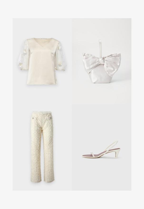 Ida Sjöstedt EXCLUSIVE RHIANNON - Blouse - ivory; Fluffy, off-white broeken met een zachte textuur, rechte pijpen en decoratieve zilveren knoopaccenten op de voorzakken.; Witte slingback sandalen met een lichte hak, dunne banden en een gladde leren textuur; voorzien van een kleine decoratieve gesp.; Satin handtas in het wit, met een grote strik aan de voorkant. De tas heeft een gestructureerde vorm en een korte, gladde handgreep.