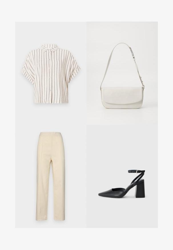 Chemise à manches courtes, col, en tissu crème avec des rayures verticales bleu marine. Devant à boutons, design court et coupe décontractée.; Pantalons droits couleur crème en coton, avec des plis sur le devant, une texture lisse et une taille sans matériel visible.; Escarpin noir en cuir à bout pointu avec une bride de cheville et un talon épais. Texture lisse, design élégant et esthétique minimaliste.; Sac à épaule en cuir blanc avec une finition lisse, de forme rectangulaire, fermeture à rabat et une bandoulière réglable. Détails de couture simples.