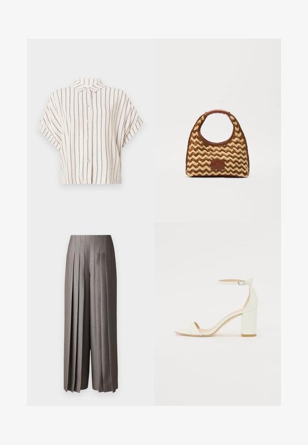 Camisa de manga curta, com gola, em tecido creme com riscas verticais em azul-marinho. Frente com botões, design curto e ajuste descontraído.; Calças largas cinzentas com pregas verticais, design sob medida e textura suave. Apresentam uma cintura alta e um ajuste solto.; Sandal de bloco em pele branca, apresentando uma correia no tornozelo com fivela e um design minimalista. Com biqueira aberta e texturas suaves ao longo de toda a peça.; Bolsa de palha trançada com um padrão em ziguezague, pega e base em couro castanho, e um emblema retangular na frente.