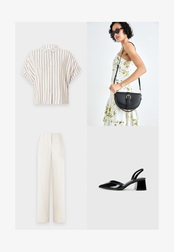 Chemise à manches courtes, col, en tissu crème avec des rayures verticales bleu marine. Devant à boutons, design court et coupe décontractée.; Pantalons en lin de couleur beige clair avec une coupe droite, dotés d'une taille et de plis à l'avant pour plus de détails.; Escarpins en cuir verni noir avec bout pointu et talon bloc géométrique. Présente un design élégant et minimaliste ainsi qu'une texture lisse.; Sac à main en cuir noir avec une forme courbée, bandoulière amovible et des accessoires en or. Le sac est doté d'un rabat avec un détail de boucle.