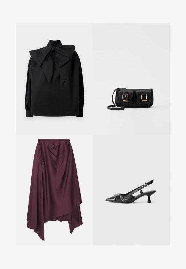 Černá halenka s dlouhými rukávy a vysokým límcem, na kterou je zavázaná velká, výrazná mašle u výstřihu, vystavená na jednoduchém bílém pozadí.; Burgundy, saténová zavinovací sukně s asymetrickým lemem, se souměrným drapováním a hladkou texturou. Žádné viditelné zapínání ani vzory.; Černé kožené slingback boty s špičatou špičkou, dekorativními pásky s kovovými očky a nízkým blokovým podpatkem. Texturovaný povrch.; Černá kožená crossbody taška se dvěma předními kapsami, zlatými přezkami, zipovým uzávěrem a štíhlým popruhem. Texturovaný povrch a kompaktní obdélníkový tvar.