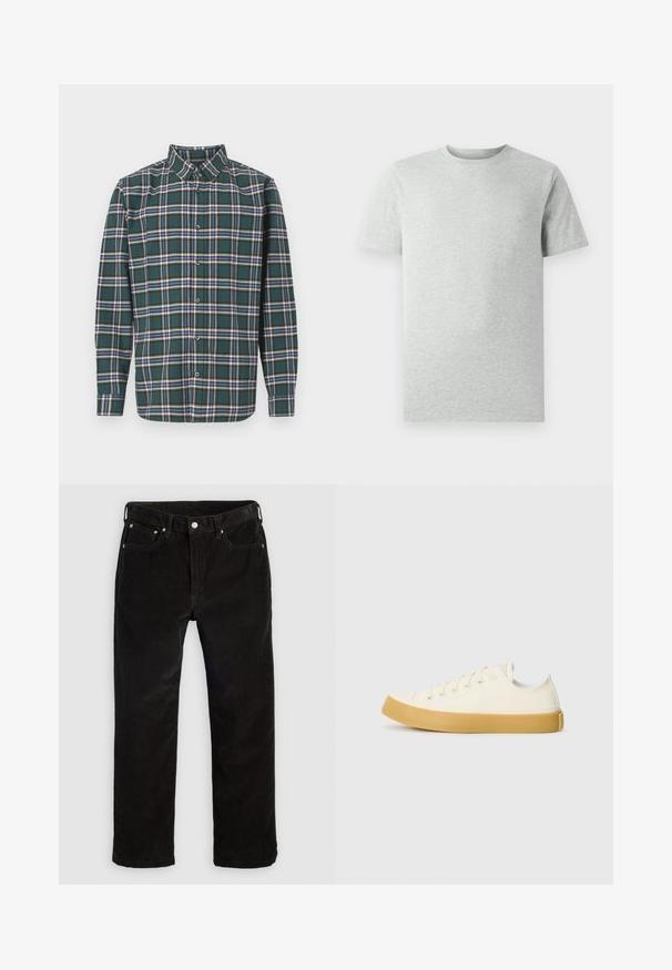 Grön flanellskjorta med ett rutmönster som har blå, vita och senapsgula ränder. Knäppt fram och spetsig krage. Långa ärmar.; En enkel ljusgrå kortärmad T-shirt med rund hals visad mot en vit bakgrund, framifrån utan synliga logotyper eller mönster.; Svarta kordflors raka byxor med framknapp, dragkedja, bältesöglor och femficksdesign mot en enkel ljus bakgrund.; Canvas sneakers i off-white med rund tå, med beige gummisulor och fem öglor för snören, texturerad finish på ovandelen.