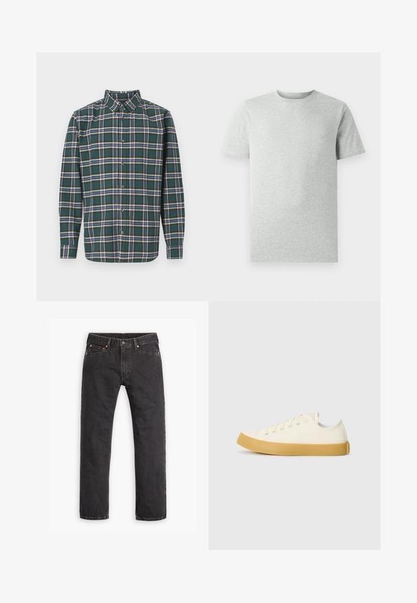 Vihreä flanellisydän, jossa on ruutukuvio, jossa on siniset, valkoiset ja sinapinkeltaiset viivat. Napitettu etuosa ja terävä kaulus. Pitkät hihat.; Yksinkertainen vaalea harmaa lyhythihainen t-paita, jossa pyöreä kaula-aukko, esitetty valkoista taustaa vasten, edestä katsottuna ilman näkyviä logoja tai kuvioita.; Mustat suorat farkut viidellä taskulla, napilla suljettavia ja kupaririveillä, asetettuna tasaisesti valkoista taustaa vasten.; Kankava sneakers vaaleassa valkoisessa, pyöreällä varvalla, jossa on beiget kumipohjat ja viisi reikää nauhoille, teksturoitu pinta ylemmässä osassa.