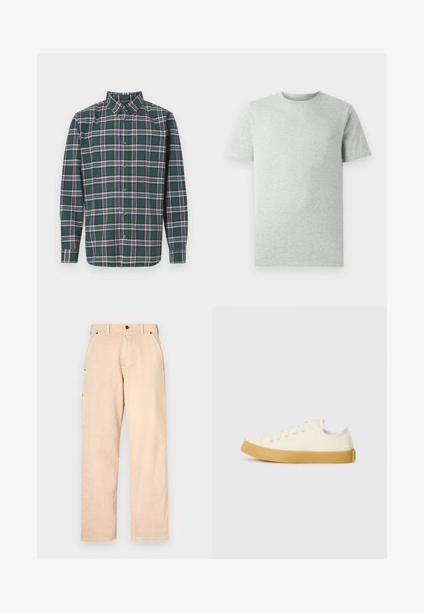 Groene flanellen shirt met een ruitpatroon met blauwe, witte en mosterdgele lijnen. Met knopen aan de voorkant en een puntige kraag. Lange mouwen.; Effen lichtgrijze T-shirt met korte mouwen en ronde hals, weergegeven op een witte achtergrond, frontaanzicht zonder zichtbare logo's of ontwerpen.; Beige katoenen pantalons met rechte pijpen, voorzien van zijzakken, riemlussen en een knoopsluiting aan de voorkant. Glad textuur, minimalistisch design.; Canvas sneakers in off-white met een ronde neus, voorzien van beige rubberen zolen en vijf oogjes voor veters, met een gestructureerde afwerking op de bovenkant.