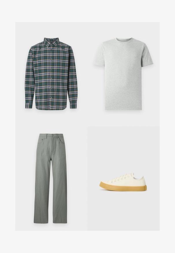 Zaļš flaneļa krekls ar ietērpu, kurā ir zila, balta un sinepju dzeltena krāsa. Ar pogām aizdaram un uzgaļotām apkaklēm. Garas piedurknes.; Gai pelēks īsām piedurknēm T-kreklis ar apaļu kakla izgriezumu, attēlots uz baltas fona, priekšskats bez redzamām logo vai dizainiem.; Gai zaļi, platā kājā izgatavoti bikses no mīksta, teksturēta auduma. Iezīmes ietver priekšējo pogu aizdari un piecas kabatas.; Kanvasas tenisa apavi ofē un balta krāsā ar apaļu purngali, ar beicu gumijas zole un piecām acīm šņorēšanai, teksturēta virsma augšdaļā.