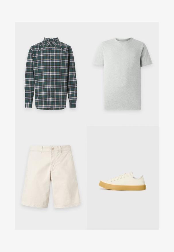 Žalias flanelinis marškinis, puoštas plaidiniu raštu su mėlynomis, baltomis ir garstyčių geltonumo linijomis. Mygtukais užsegama priekinė dalis ir smailas apykaklė. Ilgos rankovės.; Šviesiai pilka trumpomis rankovėmis marškinėliai su apvaliu kaklu, pristatyti baltoje fone, matomi iš priekio, be jokių matomų logotipų ar dizaino.; Beige medvilniniai šortai tiesiu kirpimu, su vienu mygtuku, diržo kilputėmis ir šoninėmis kišenėmis. Lygus paviršius, paprastas dizainas be raštų.; Oficio drobės sneakeriai baltai kreminės spalvos, su apvaliu galiuku, su smėlio spalvos guminiais padais ir penkiomis skylėmis raištams, turintys tekstūruotą viršutinę dalį.
