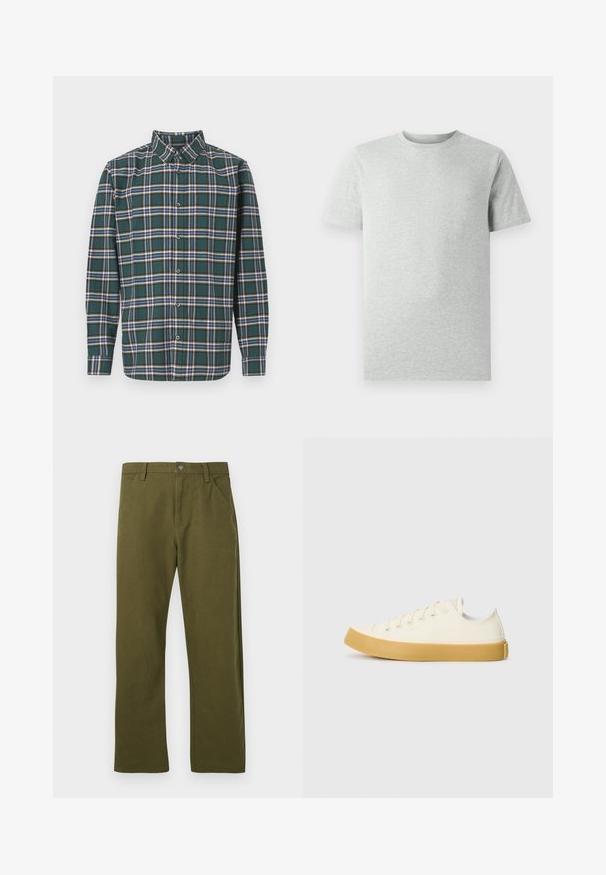 Green flannel shirt with a plaid pattern featuring blue, white, and mustard yellow lines. Buttoned front and pointed collar. Long sleeves.; Plain light gray short-sleeve crew neck T-shirt displayed on a white background, front view with no visible logos or designs.; Green cotton trousers with a straight cut, featuring a front pocket design, a metal button closure, and subtle stitching details.; Canvas sneakers in off-white with a round toe, featuring beige rubber soles and five eyelets for laces, textured finish on the upper.