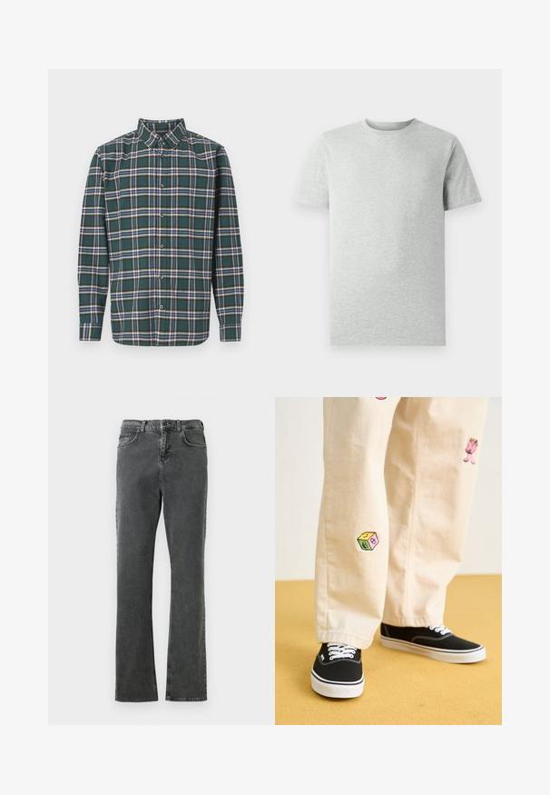 Camisa de franela verde con un patrón a cuadros que presenta líneas en azul, blanco y amarillo mostaza. Con botones en el frente y cuello puntiagudo. Mangas largas.; Camiseta de corte clásico de manga corta en gris claro liso, mostrada sobre un fondo blanco, vista frontal sin logotipos ni diseños visibles.; Jeans de denim gris con un diseño de pierna recta, que cuentan con cinco bolsillos, un cierre de botón y cremallera, y detalles de costura visibles.; Pantalones de algodón beige con divertidos diseños bordados que incluyen un personaje rosa y un bloque de color, combinados con zapatillas negras de cordones.