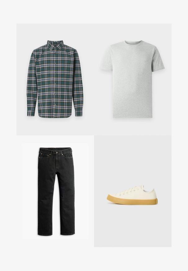 Žalias flanelinis marškinis, puoštas plaidiniu raštu su mėlynomis, baltomis ir garstyčių geltonumo linijomis. Mygtukais užsegama priekinė dalis ir smailas apykaklė. Ilgos rankovės.; Šviesiai pilka trumpomis rankovėmis marškinėliai su apvaliu kaklu, pristatyti baltoje fone, matomi iš priekio, be jokių matomų logotipų ar dizaino.; Juodi tiesūs džinsai su penkiomis kišenėmis, diržo kilpomis ir sagos uždarymu juosmens srityje, padėti ant baltos fono.; Oficio drobės sneakeriai baltai kreminės spalvos, su apvaliu galiuku, su smėlio spalvos guminiais padais ir penkiomis skylėmis raištams, turintys tekstūruotą viršutinę dalį.
