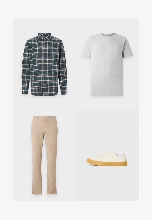 Zelená flanelová košeľa s károvaným vzorom, ktorá obsahuje modré, biele a horčicovo žlté pruhy. Zapínanie na gombíky vpredu a špičatý golier. Dlhé rukávy.; Jednoduché svetlošedé tričko s krátkym rukávom a okrúhlym výstrihom, vystavené na bielom pozadí, pohľad z prednej strany bez viditeľných log a dizajnov.; Béžové bavlnené kordové nohavice so strihom rovného nohu, s gombíkovým uzáverom, piatimi vreckami a hladkým povrchom.; Plátne tenisky v off-white farbe s okrúhlym špičkou, s béžovými gumovými podrážkami a piatimi dierkami na šnúrky, textúrovaný povrch na hornej časti.