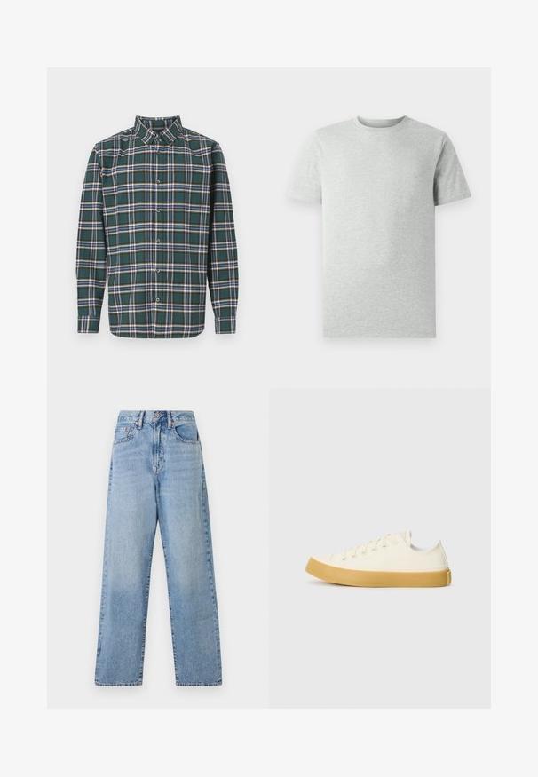 Zeleni flanelast srajc s karirastim vzorcem, ki vsebuje modre, bele in gorčične rumene črte. Z gumbi zapnjen sprednji del in usmerjen ovratnik. Dolgi rokavi.; Enostavna svetlosiva kratka majica s kratkimi rokavi in krožnim ovratnikom, prikazana na belem ozadju, sprednji pogled brez vidnih logotipov ali vzorcev.; Svijetloplave traper široke hlače s visokim strukom, pet džepova i suptilnim izbljeđivanjem. Sadrži detalje s bakrenim dugmadi i zakovicama.; Platnene superge v off-white barvi z okroglim nosom, z bež gumijastimi podplati in petimi odprtinami za vezalke, z zrnato površino na zgornjem delu.