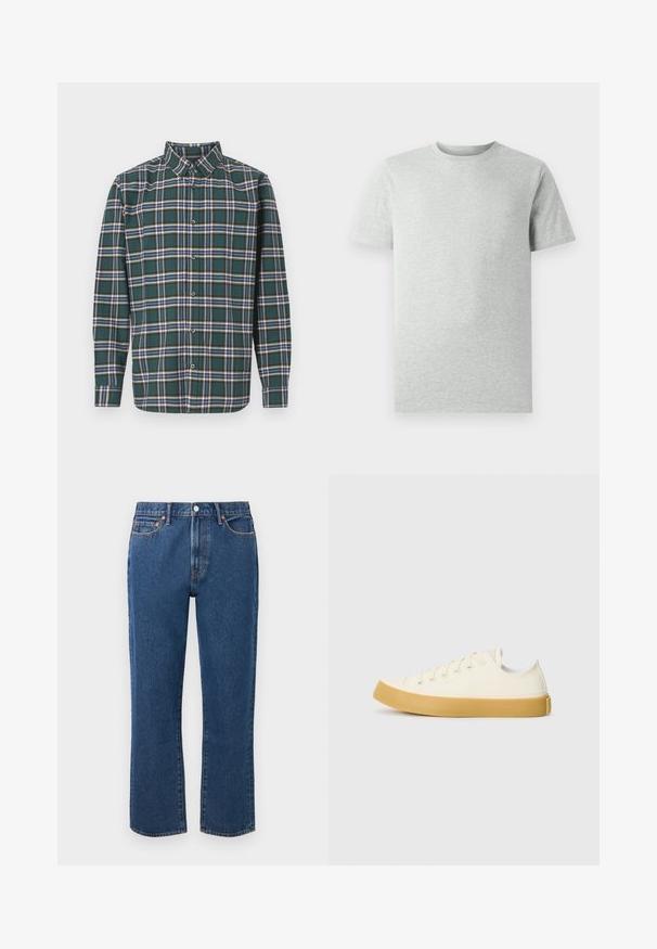 Zaļš flaneļa krekls ar ietērpu, kurā ir zila, balta un sinepju dzeltena krāsa. Ar pogām aizdaram un uzgaļotām apkaklēm. Garas piedurknes.; Gai pelēks īsām piedurknēm T-kreklis ar apaļu kakla izgriezumu, attēlots uz baltas fona, priekšskats bez redzamām logo vai dizainiem.; Zila taisna piegriezuma džinsi, izgatavoti no denima, ar pogu aizdari, piecām kabatām un kontrastējošiem oranžiem izšuvumiem.; Kanvasas tenisa apavi ofē un balta krāsā ar apaļu purngali, ar beicu gumijas zole un piecām acīm šņorēšanai, teksturēta virsma augšdaļā.