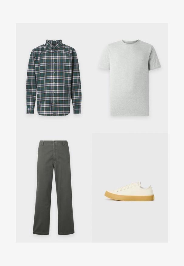 Green flannel shirt with a plaid pattern featuring blue, white, and mustard yellow lines. Buttoned front and pointed collar. Long sleeves.; Plain light gray short-sleeve crew neck T-shirt displayed on a white background, front view with no visible logos or designs.; Gray wide-leg trousers made of cotton blend fabric, featuring a classic five-pocket design and front button closure, with contrasting stitching details.; Canvas sneakers in off-white with a round toe, featuring beige rubber soles and five eyelets for laces, textured finish on the upper.