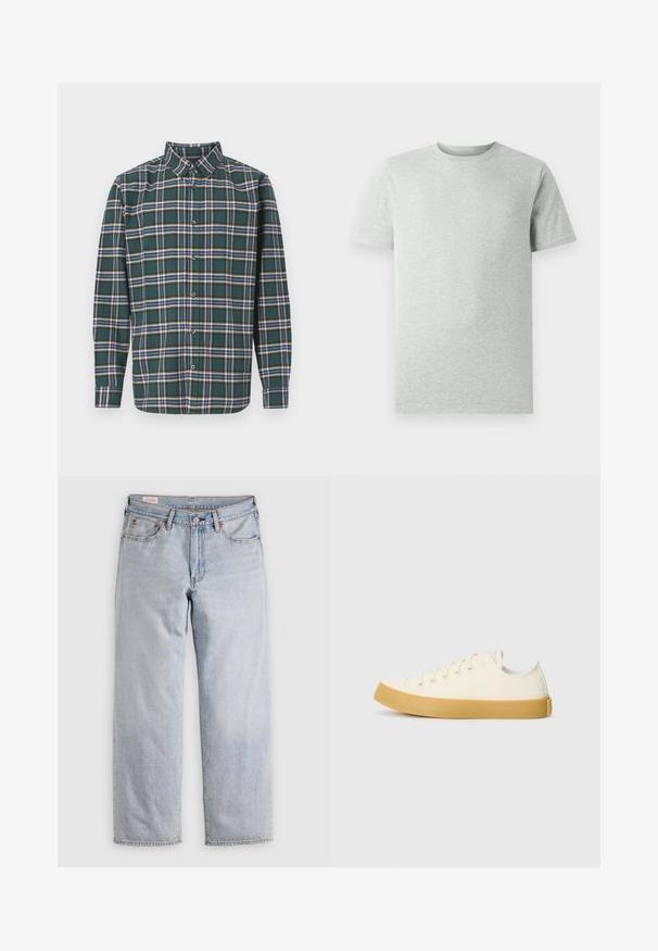 Zelená flanelová košile s kostkovaným vzorem, která obsahuje modré, bílé a hořčičně žluté pruhy. Zapínání na knoflíky a špičatý límec. Dlouhé rukávy.; Jednoduché světle šedé tričko s krátkým rukávem a kulatým výstřihem, vystavené na bílém pozadí, pohled zepředu bez viditelných log nebo designů.; Světle modré džíny rovného střihu s vysokým pasem, zapínáním na knoflík a předními i zadními kapsami, vystavené na rovné ploše.; Plátěné tenisky v krémové barvě s kulatou špičkou, s béžovými gumovými podešvami a pěti očky na tkaničky, texturovaný povrch horní části.