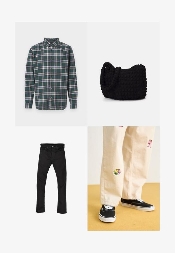 Cămașă flanelată verde cu un model tartan, având linii albastre, albe și galbene muștar. Închidere cu nasturi în față și guler ascuțit. Mâneci lungi.; Jeans negri slim-fit cu buzunare frontale, bucle pentru curea și închidere cu nasture, expuși plat pe un fundal alb.; Pantaloni din bumbac bej cu modele brodate jucăușe, inclusiv un personaj roz și un bloc colorat, asortați cu teniși negri cu șireturi.; Geantă dintr-un material textil negru, cu un model texturat și matlasat. Formă rotundă, mânere scurte și groase, și o structură moale, flexibilă.