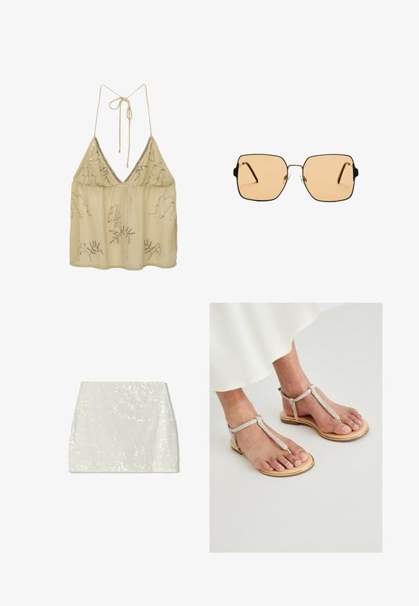 Béžový chiffon top s hlbokým V-výstrihom, nastaviteľnými viazaniami na chrbte a striebornými korálkovými ozdobami v kvetinových vzoroch. Ľahký a priesvitný.; Bershka sukňa v tvare A - white; Ploché sandále majú svetlohnedú koženú podrážku so zlatým lemovaním. Popruhy sú strieborné s textúrovaným povrchom a zabezpečujú sa okolo členku.; Štvorcové slnečné okuliare s hnedými sklami a tenkým čiernym kovovým rámom. Vlastnosti zahŕňajú šikmé ramienka a nastaviteľné nosové podložky pre väčšie pohodlie.