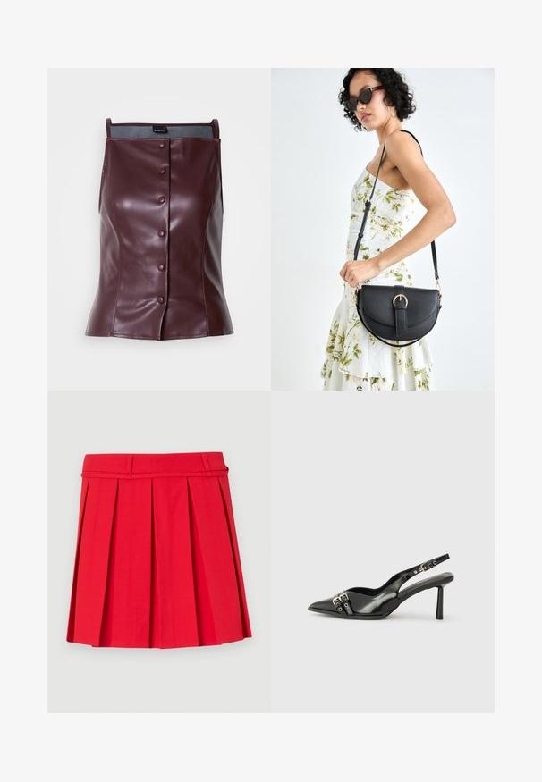 Top senza maniche bordeaux in ecopelle con vestibilità su misura. Presenta una chiusura anteriore a bottoni e una texture liscia e lucida.; Gonna plissettata rossa realizzata in un tessuto dalla texture morbida. Presenta una vita con passanti per cintura e pieghe strutturate per un volume aggiuntivo.; Scarpa slingback in vernice nera con punta affusolata, cinturini alla caviglia con fibbie in argento e accessori, e tacco sottile.; Borsa a tracolla nera in pelle con una forma curva, manico rimovibile e accessori dorati. La borsa presenta una patta con un dettaglio a fibbia.
