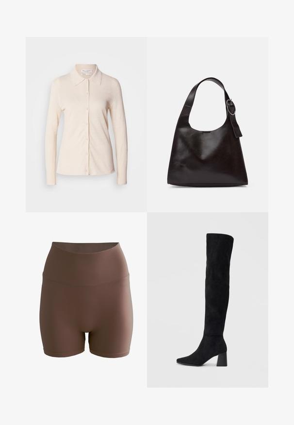 Lys beige langærmet skjorte lavet af hør, med krave og knaplukning foran, der har en glat tekstur og et simpelt design.; aim’n® SHAPE SEAMLESS - Shorts - brown; Sorte ruskind støvler i knæhøjde med blokheel, spids tå og glat, sømløs design på en enkel lys baggrund.; Brun læder skuldertaske med en glat tekstur, rund form, bred rem og cirkulært metalaccent på håndtaget.