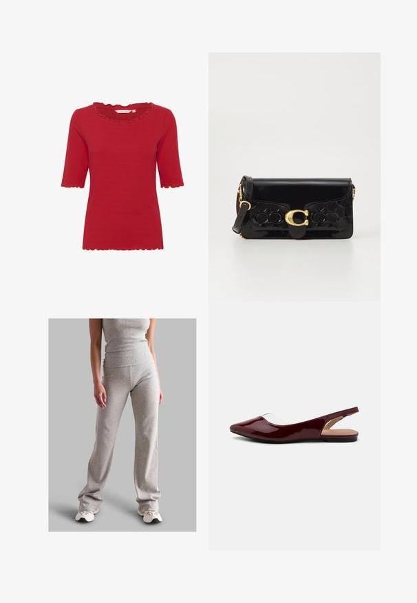 Cream Blūze - toreador; Pelēkā ribotā topiņa un atbilstošas bikses, kas izgatavotas no elastīga materiāla. Biksēm ir paplašināta dizaina forma, un tās ir apvienotas ar vieglām sporta apaviem.; Burgundijas laku siksniņu plakanās kurpes ar norādītu purngalu, caurspīdīgu izgriezumu un plakanu melnu zoli. Gluda tekstūra, minimālisma dizains.; Melnas lakotas ādas rokassomi ar zelta aksesuāriem, tostarp sprādzi. Iezīmē struktūru ar teksturētu dizainu un noņemamu siksnu. Kompaktā taisnstūra formā.