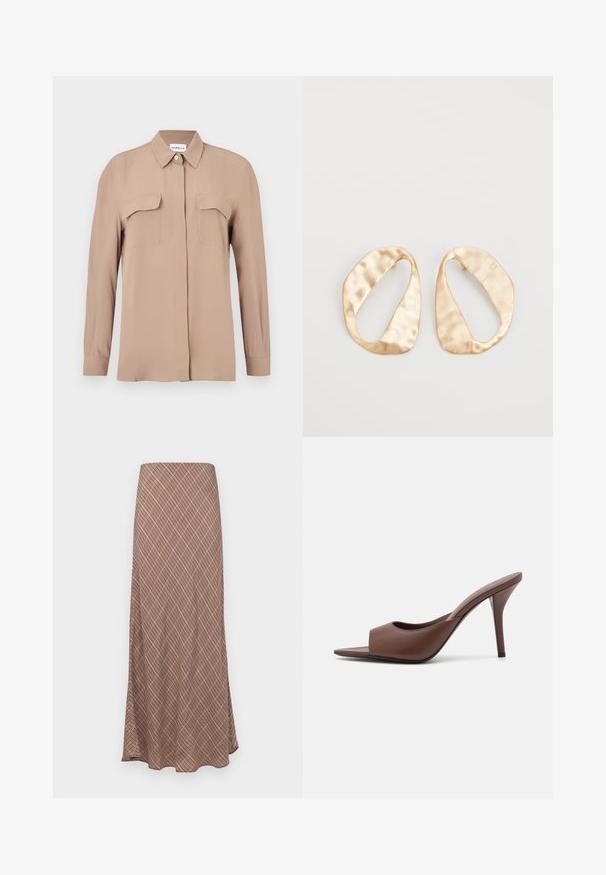 Chemise beige à manches longues avec boutons, en tissu léger. Dispose de deux poches poitrine et d'un col classique, avec une coupe droite et un design minimaliste.; Jupe longue évasée avec un motif géométrique marron, présentant une texture lisse et une taille élastique pour plus de confort.; Mules à talons hauts ouverts en cuir marron avec un design épuré, dotés d'une large sangle avant et d'un talon aiguille élancé.; Une paire de boucles d'oreilles en métal doré, de forme ovales irrégulières, avec une surface texturée et légèrement martelée sur fond blanc.