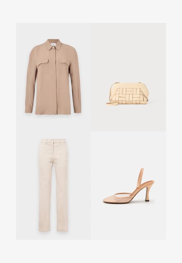 Bēša, garām piedurknēm, ar pogām aiztaisāma krekla veids no viegla auduma. Aprīkots ar divām krūšu kabatām un klasisku apkakli, ar taisnu griezumu un minimālistisku dizainu.; Bēža kokvilnas bikses ar pielāgotu piegriezumu, taisnām kājām, priekšējo rāvējslēdzēju un gludu tekstūru. Iekļautas tradicionālas jostas cilpas.; Ārpus redzes tīkls slingback papēdis ar norādītu purngalu, smalku potītes siksniņu un stiletto papēdi, kura pamatnē ir melns akcenta elements.; Austākts bežs rokassoma ar strukturētu dizainu, kurai ir gluda virsma un garš siksna. Tekstūras detalizācija uzlabo kopējo izskatu.