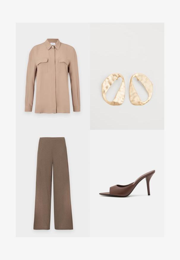 Beiges Langarm-Hemd mit Knopfleiste aus leichtem Stoff. Verfügt über zwei Brusttaschen und einen klassischen Kragen, mit geradem Schnitt und minimalistischem Design.; Braune Hosen mit weitem Bein, flachem Bund, ohne sichtbare Taschen oder Verschlüsse, auf weißem Hintergrund dargestellt.; Braune Leder-Open-Toe-Hochhackige Mules mit einem eleganten Design, das einen breiten Vorderriemen und einen schlanken Stiletto-Absatz aufweist.; Ein Paar unregelmäßige, oval geformte Ohrringe aus goldfarbenem Metall mit einer strukturierten, leicht gehämmerten Oberfläche auf weißem Hintergrund.