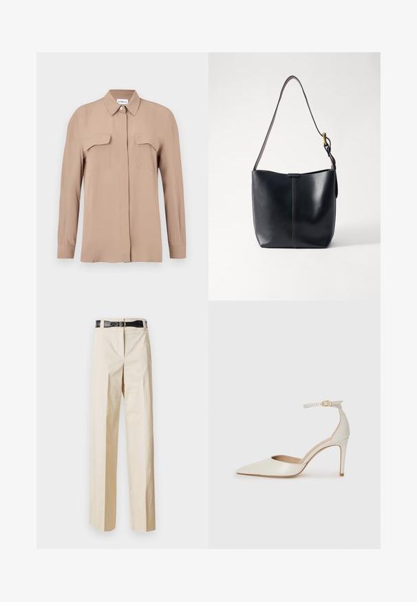 Beige långärmad skjorta med knappar i ett lätt tyg. Har två bröstfickor och en klassisk krage, med rak skärning och minimalistisk design.; Beiga vida byxor med en mjuk textur och ett svart bälte med krokodilmönster i midjan. Enkel design utan ytterligare utsmyckningar.; Vit läderhögklackad sko med spetsig tå, ankelrem och en smal stilettklack. Slät textur med diskret glänsande finish.; Svart läder axelväska med en slät yta, som har ett tunt, långt band och en subtil sömdetalj nedtill i mitten.