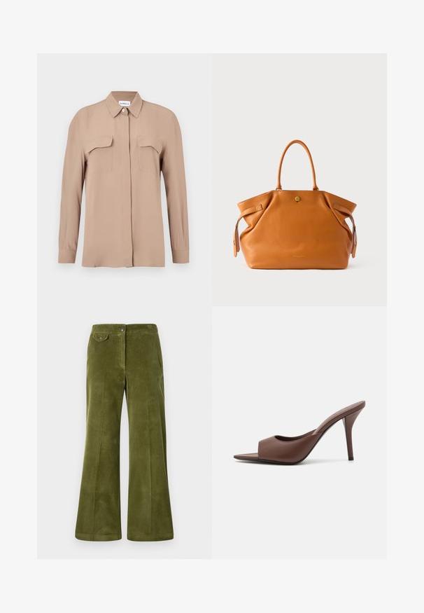 Beige långärmad skjorta med knappar i ett lätt tyg. Har två bröstfickor och en klassisk krage, med rak skärning och minimalistisk design.; Olivgrön kordfloddsbyxor med utsvängd passform, slät yta, framfickor och knappstängning fram. Vertikal ribbad struktur genom hela byxan.; Bruna lädersandaler med öppen tå och hög klack, med en stilren design som har ett brett framrem och en smal stilettklack.; Ljusbrun läderväska med två stadiga handtag, dragkedja överst och detaljer på sidorna. Har en strukturerad yta och ett guldemblem framtill.; Ett par oregelbundna ovalformade örhängen i guldtonad metall med en strukturerad, något hamrad yta på en vit bakgrund.