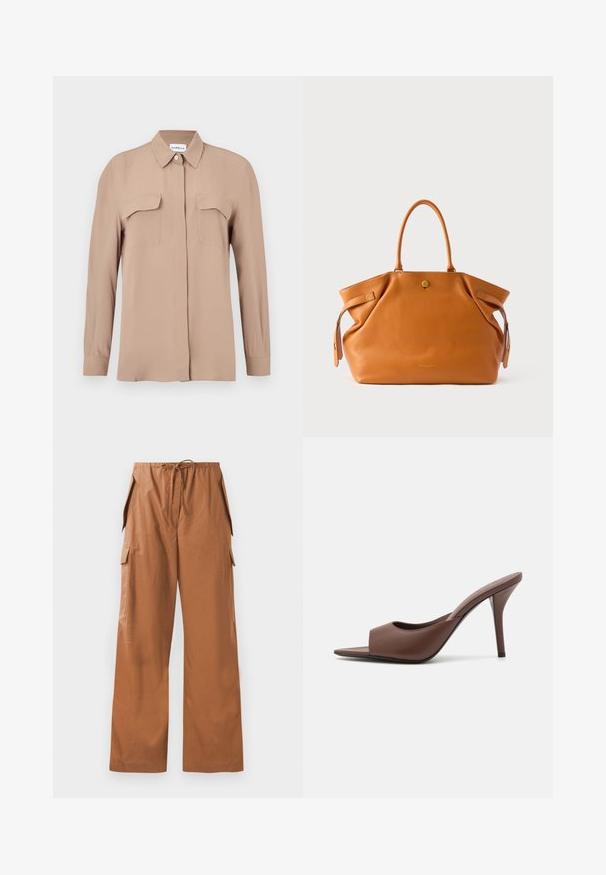 Beige overhemd met lange mouwen en knopen, gemaakt van een lichte stof. Heeft twee borstzakken en een klassieke kraag, met een rechte snit en een minimalistisch ontwerp.; Bruine wijde cargo broeken van lichtgewicht stof, met een elastische tailleband met een trekkoord en zijzakken.; Bruine leren open-teen hoge hak muiltjes met een slank ontwerp, voorzien van een brede voorkruistrap en een slanke stiletto hiel.; Leren tas in tan met twee stevige handvatten, een rits aan de bovenkant en accenten aan de zijkant. Heeft een gestructureerd oppervlak en een gouden embleem aan de voorkant.