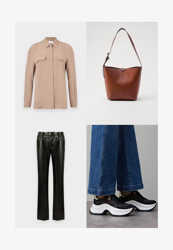 Bež košulja s dugim rukavima na kopčanje od laganog tkanja. Ima dva džepa na prsima i klasični ovratnik, s ravnim krojem i minimalističkim dizajnom.; Crne hlače ravnog kroja od umjetne kože s kopčanjem na gumb i patentni zatvarač, petljama za remen i bočnim džepovima, prikazane na bijeloj pozadini.; Crne i zlatne tenisice s zakrivljenim bijelim potplatom. Teksturirani materijal s logotipnim detaljima. Uparen s širokim plavim trapericama.; Smeđa kožna torba za rame s zakrivljenim oblikom, glatkom teksturom i jednom tankom trakicom. Ima suptilan šav i mali detalj s logotipom.
