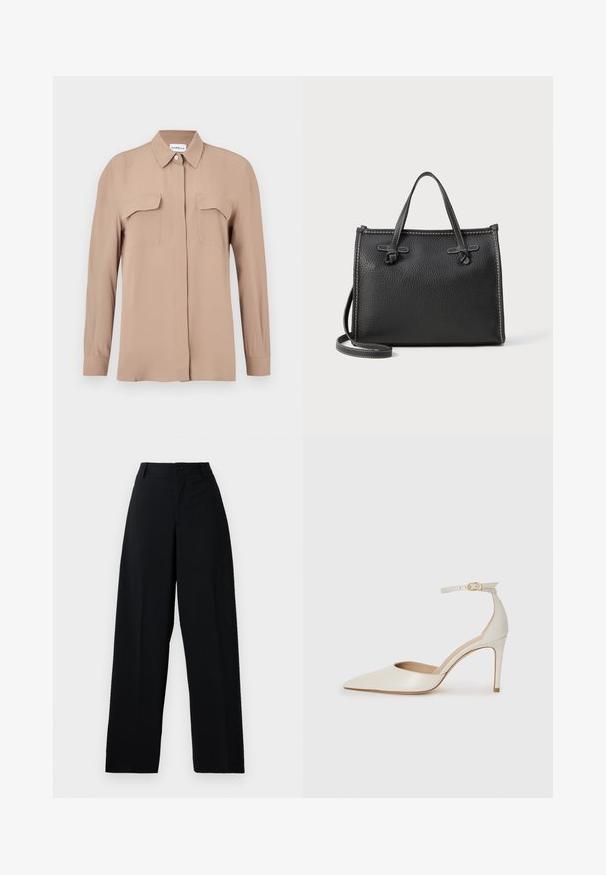 Ilgas smėlinės spalvos marškiniai su sagomis, pagaminti iš lengvos medžiagos. Turi dvi krūtinės kišenes ir klasikinį apykaklę, tiesų kirpimą ir minimalistinį dizainą.; Juodos aukšto liemens plačios kojinės kelnės su mygtuko ir užtrauktuko užsegimu, diržo kilpomis ir švariu, lygiu audinio paviršiumi.; Balti odiniai aukštakulniai batai su smailiu priekiniu galu, kulkšnies dirželiu ir siauru stiletu. Lygi tekstūra su subtiliu blizgiu paviršiumi.; Juodas odinis rankinis krepšys su tekstūruotu paviršiumi, stačiakampio formos, dviem viršutiniais rankenomis ir nuimamu peties dirželiu. Kontrastinė siuvimo detalė.