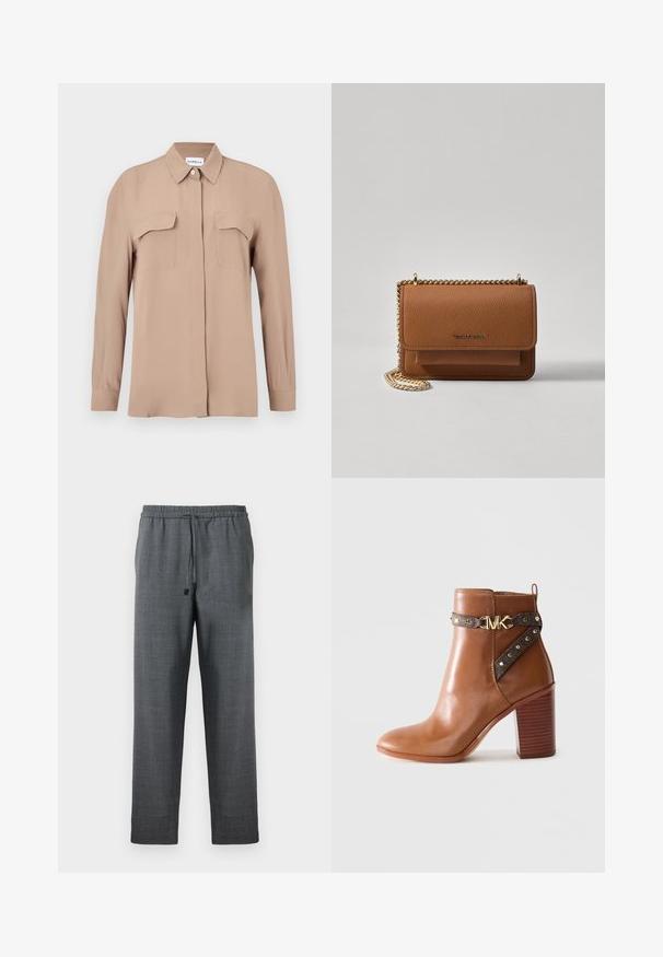 Béžová košeľa s dlhým rukávom a gombíkmi z ľahkého materiálu. Má dve náprsné vrecká a klasický golier, so strihom na rovno a minimalistickým dizajnom.; Tmavošedé nohavice s textúrovanou tkaninou, s elastickým pásom a nastaviteľnou šnúrkou. Rovné nohavice bez vreciek.; Hnedá kožená členková obuv so zúženým blokovým podpätkom, postranným popruhom so zlatými nitmi a zlatou sponou s logom "MK".; Hnedá textúrovaná kožená taška cez telo s zlatým reťazovým popruhom a preklopným uzáverom. Predná strana obsahuje detail s logom a vrecko pod preklopkou.