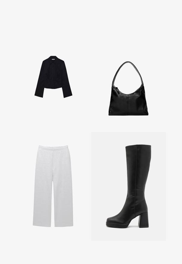 Černá zkrácená košile s dlouhými rukávy, límečkem a zapínáním na knoflíky. Vyrobena z hladkého materiálu, s upnutým střihem a minimálním zdobením.; Bílé široké kalhoty vyrobené z měkkého materiálu s elastickým páskem a dvěma postranními kapsami; hladký povrch a minimální detaily.; Anna Field Kozačky na vysokém podpatku - black; Černá kožená kabelka na rameno s hladkým povrchem, zakřiveným vrškem a jedním popruhem. Disponuje zipovým zavíráním a minimalistickým designem.