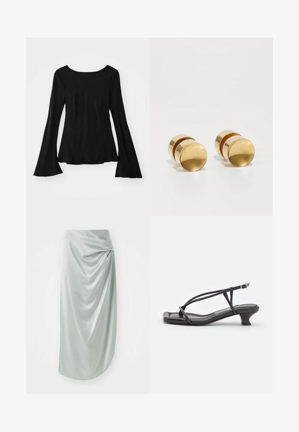 Black long-sleeve top with a scoop neckline. Features flared sleeves and a slightly loose fit. Made from a smooth, stretchy fabric.; Light green satin skirt with draped design, mid-length, smooth texture, featuring a side knot detail for added visual interest.; Black leather sandal with thin straps, low block heel, and square toe. Features a buckle closure and smooth texture.; Gold metal earrings with a simple round shape, featuring a smooth finish and a central polished band. Measures approximately 1 cm in diameter.